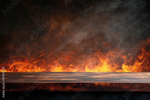 Wooden table on fire background. Perfect for showcasing your products in a dramatic and fiery setting.