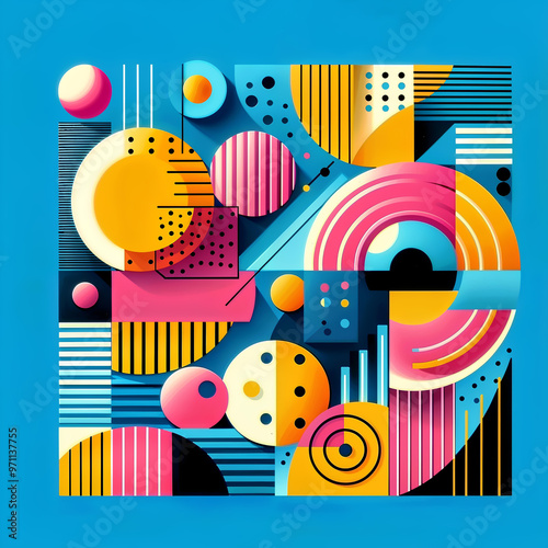 Abstract geometric art with vibrant colors, featuring circles, stripes, and dots on a blue background. Modern design, ideal for backgrounds, wallpapers, and contemporary decor.