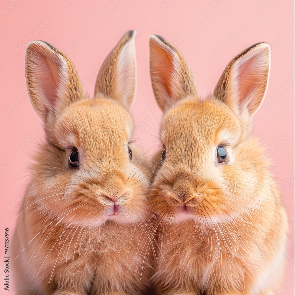 Two adorable rabbits posing for the camera in front of a beautiful pastel colored wall backdrop Two adorable rabbits posing for the camera in front of a beautiful pastel colored wall backdrop