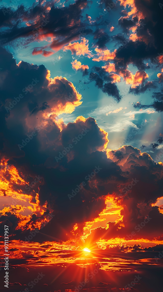 Wide panoramic view of the sunset sky with dark clouds Wide panoramic view of the sunset sky with dark clouds