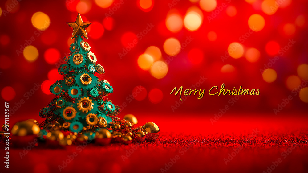 A creative Christmas tree on a green background composed of gold and green gears, nuts and other mechanisms for rotation speed. Advertising of the construction business, teamwork. Place for the text A creative Christmas tree on a green background composed of gold and green gears, nuts and other mechanisms for rotation speed. Advertising of the construction business, teamwork. Place for the text