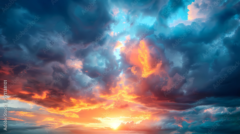 Wide panoramic view of the sunset sky with dark clouds Wide panoramic view of the sunset sky with dark clouds