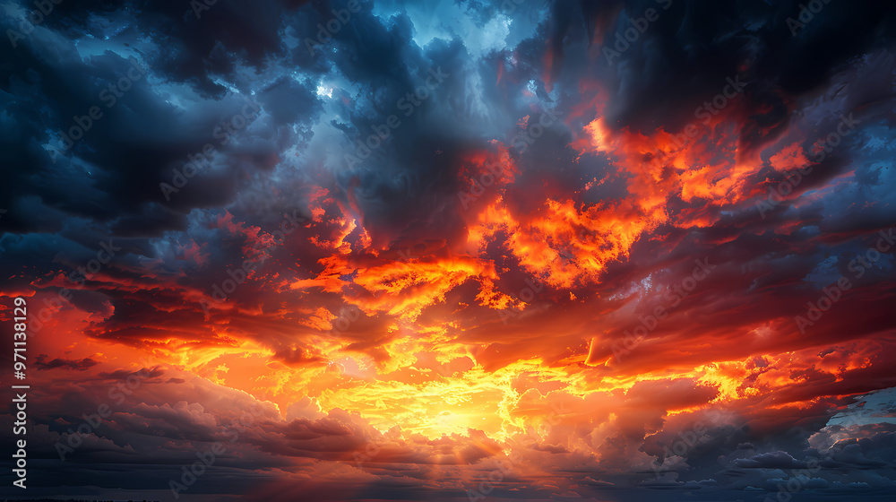 Wide panoramic view of the sunset sky with dark clouds