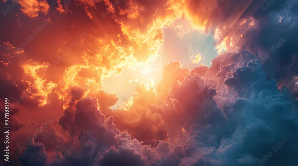 Naklejka premium Wide panoramic view of the sunset sky with dark clouds