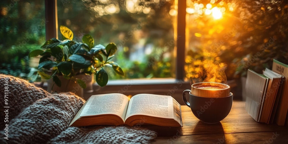 Cozy morning setting with a steaming cup of coffee, an open book, and ...