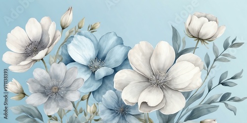 pretty gray theme flowers on pastel blue background, concept for banner, watercolor style