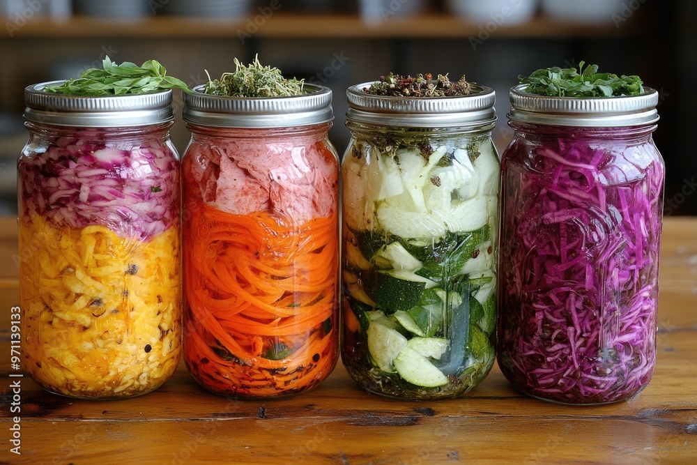 Four jars of pickled vegetables. Perfect for a website promoting homemade fermented foods. Four jars of pickled vegetables. Perfect for a website promoting homemade fermented foods.