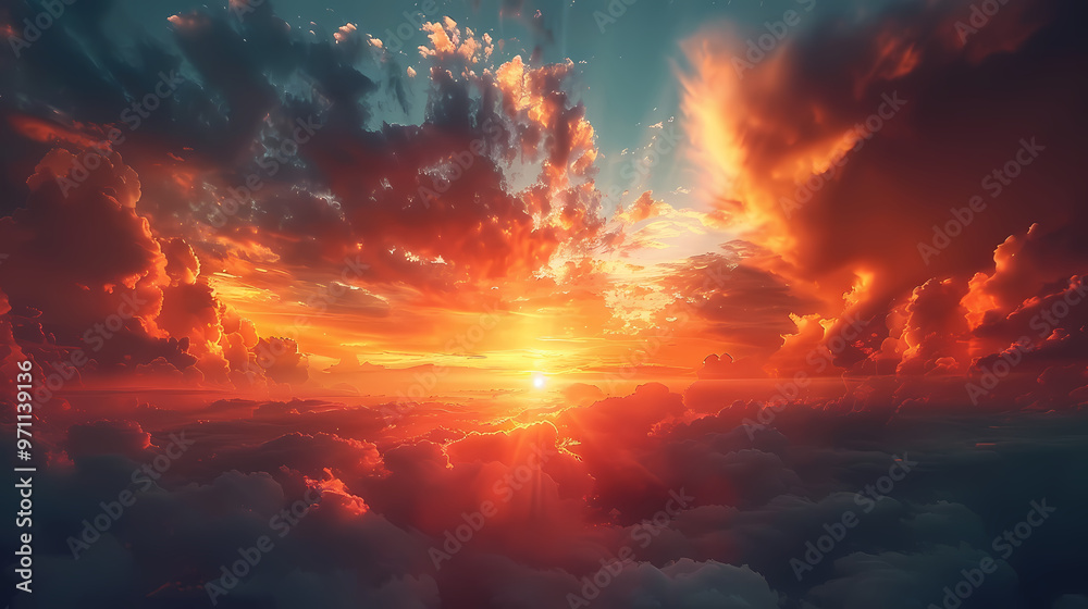 Naklejka premium Wide panoramic view of the sunset sky with dark clouds