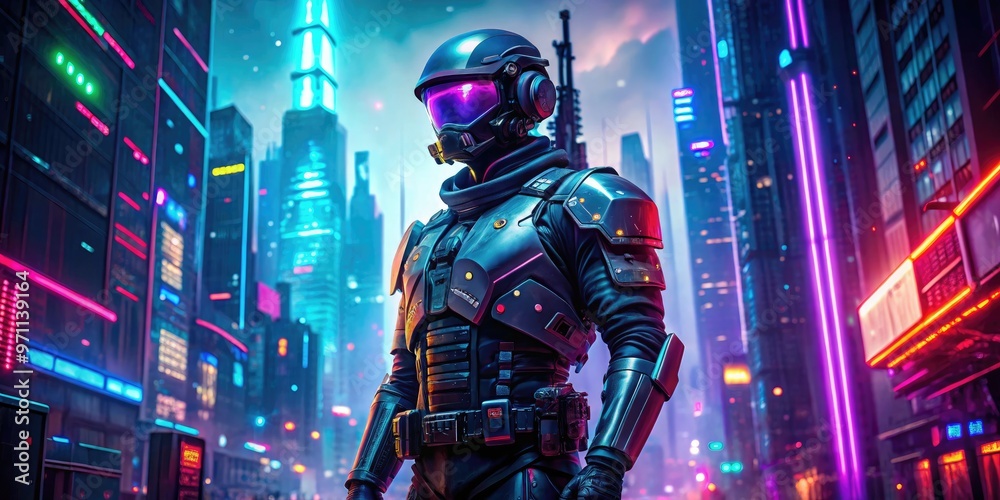 Stylized law enforcement officer with futuristic armor and sleek gadgets stands confidently, surrounded by neon lights and abstract digital patterns in a vibrant cityscape. Stylized law enforcement officer with futuristic armor and sleek gadgets stands confidently, surrounded by neon lights and abstract digital patterns in a vibrant cityscape.
