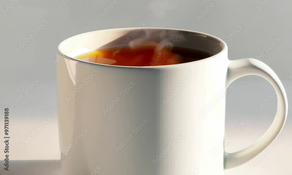 White ceramic mug with tea on white background, hyperrealistic Video