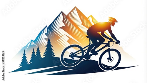 Stylized, modern logo featuring a mountain bike silhouette surrounded by abstract peaks and trails, conveying adventure, speed, and freedom in a bold, dynamic design. photo