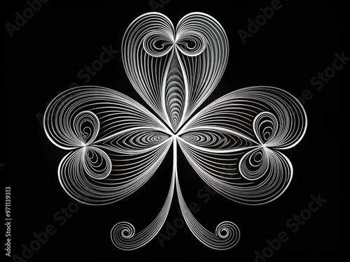 Stylized vector illustration of a three-leafed shamrock with delicate lines and swirling patterns, rendered in contrasting black and white hues for versatile design use. photo