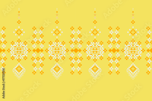 Flower IV textile seamless cross stitch pixel pattern yellow  color , Design for fabric, Clothes, Curtain, Carpet, Scarf, Wrap, Handcraft, Headhand, Wallpaper, Background and Vector illustration photo