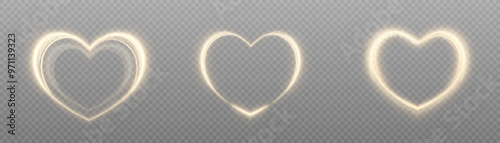 Shimmering golden heart. Bright light heart effect with neon effect on transparent background.