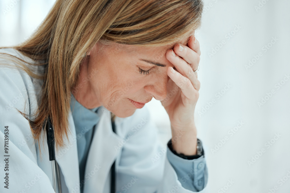 Stress, woman and doctor with headache for fail, surgery mistake or loss in clinic. Sick, migraine or tired medical professional with burnout, depression or anxiety for healthcare crisis or challenge Stress, woman and doctor with headache for fail, surgery mistake or loss in clinic. Sick, migraine or tired medical professional with burnout, depression or anxiety for healthcare crisis or challenge