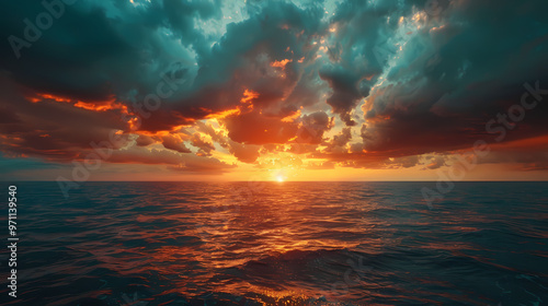 Wide panoramic view of the sunset sky with dark clouds