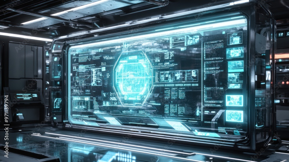 A futuristic control panel displaying data and graphics in a high-tech environment. A futuristic control panel displaying data and graphics in a high-tech environment.