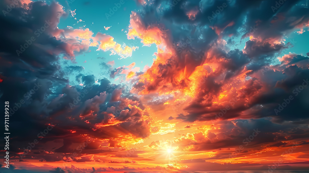 Wide panoramic view of the sunset sky with dark clouds Wide panoramic view of the sunset sky with dark clouds