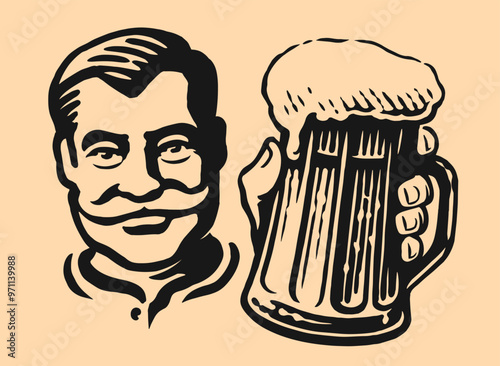 Happy elderly man holding beer mug. Hand drawn vector illustration for pub or restaurant menu