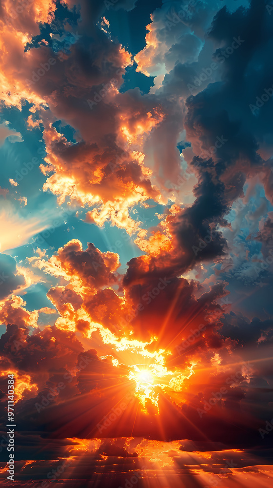 Fototapeta premium Wide panoramic view of the sunset sky with dark clouds