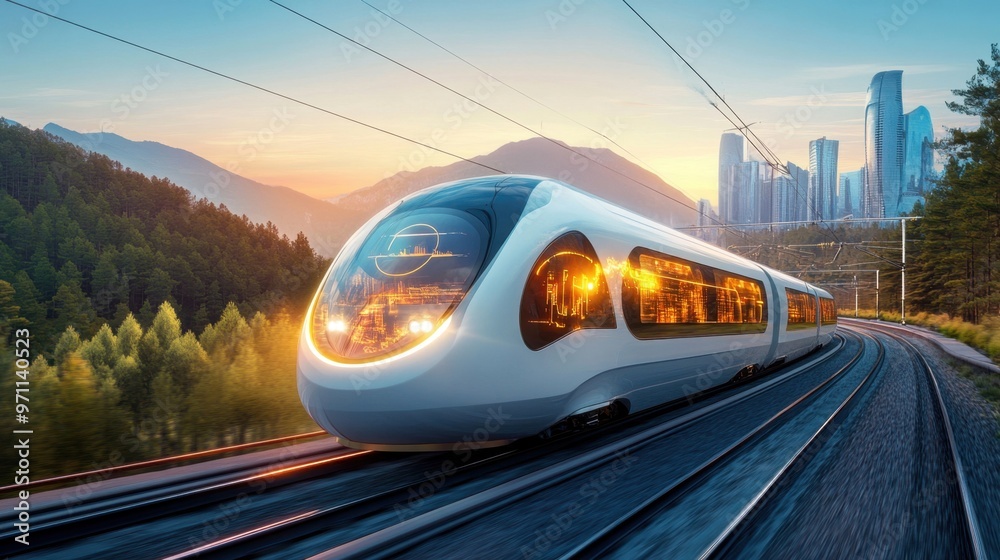 Hydrogen-powered train, sleek design, futuristic rail system, green energy innovation Hydrogen-powered train, sleek design, futuristic rail system, green energy innovation