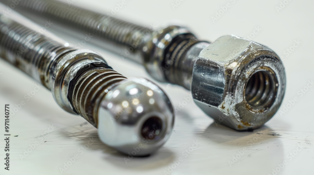 Shiny metal screw with thread and nut lying on desk Shiny metal screw with thread and nut lying on desk