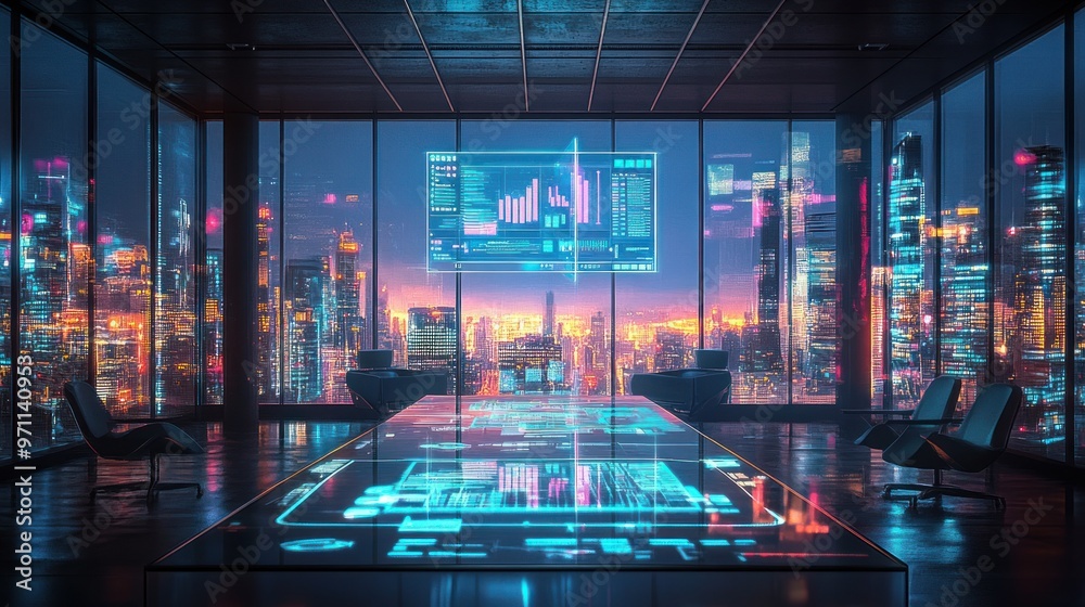 A futuristic office with a glass table and digital displays overlooking a city skyline. A futuristic office with a glass table and digital displays overlooking a city skyline.