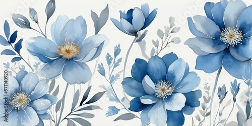Wallpaper Mural pretty blue theme flowers on pastel gray background, concept for banner, watercolor style Torontodigital.ca