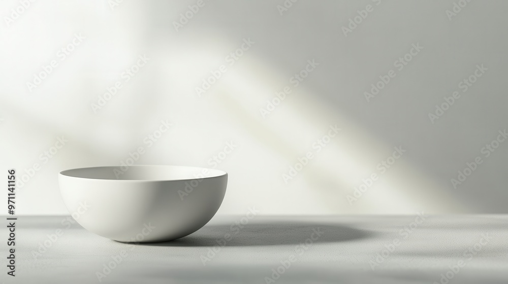 Fototapeta premium A simple white bowl on a light surface, casting a soft shadow in a minimalistic setting.