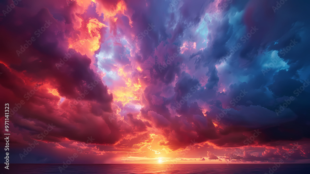 Wide panoramic view of the sunset sky with dark clouds Wide panoramic view of the sunset sky with dark clouds