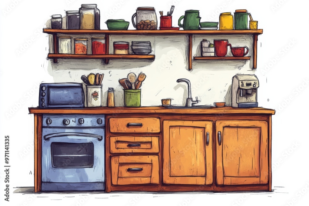 Cozy Kitchen Scene with Colorful Utensils and Appliances Cozy Kitchen Scene with Colorful Utensils and Appliances