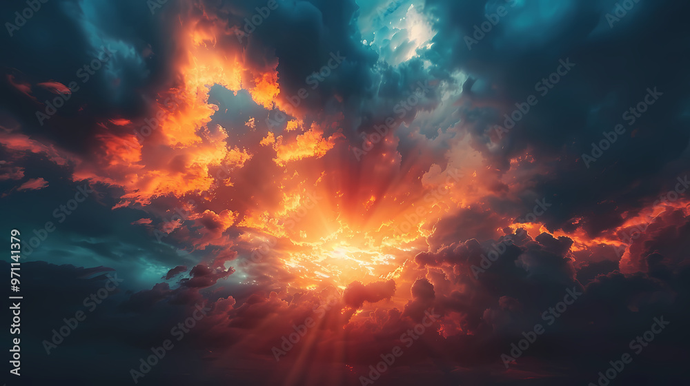 Wide panoramic view of the sunset sky with dark clouds Wide panoramic view of the sunset sky with dark clouds