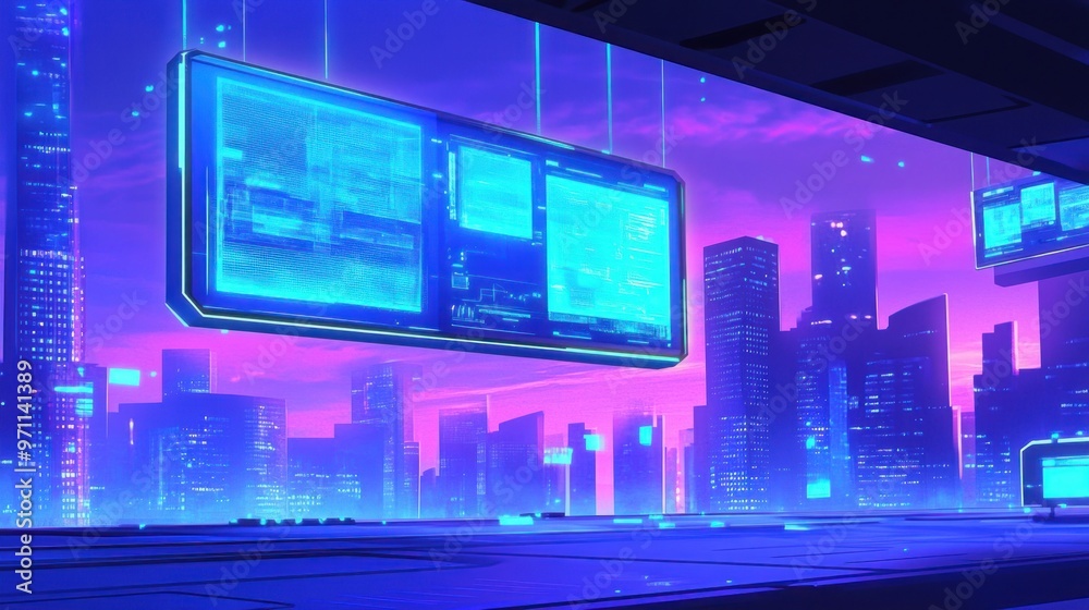 A futuristic cityscape with digital screens and a vibrant sunset backdrop.