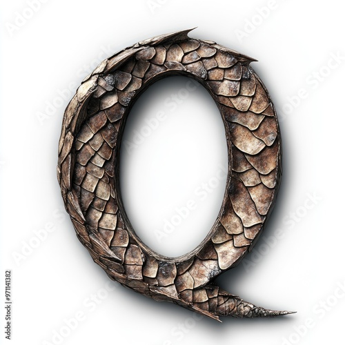 Intricately designed letter Q resembling reptilian scales in a mysterious and artistic style