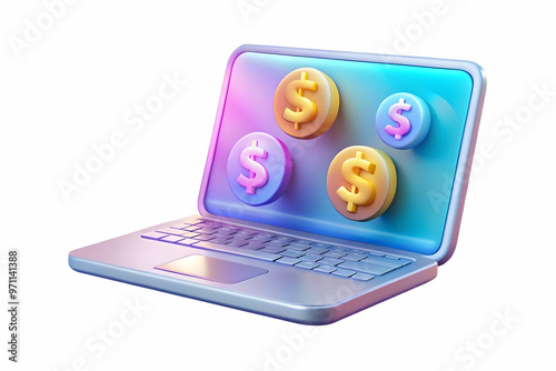 Wallpaper Mural Modern Laptop with Holographic Dollar Signs: Profits & Savings Concept on Glossy White Surface - Ideal for Business & Financial Contexts Torontodigital.ca