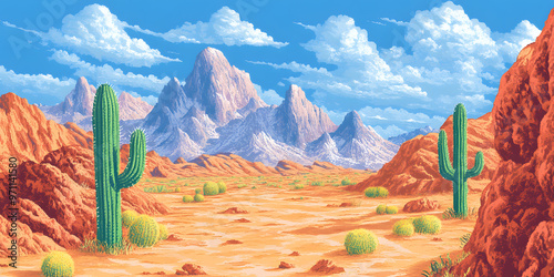 Desert landscape featuring cacti and distant mountains photo