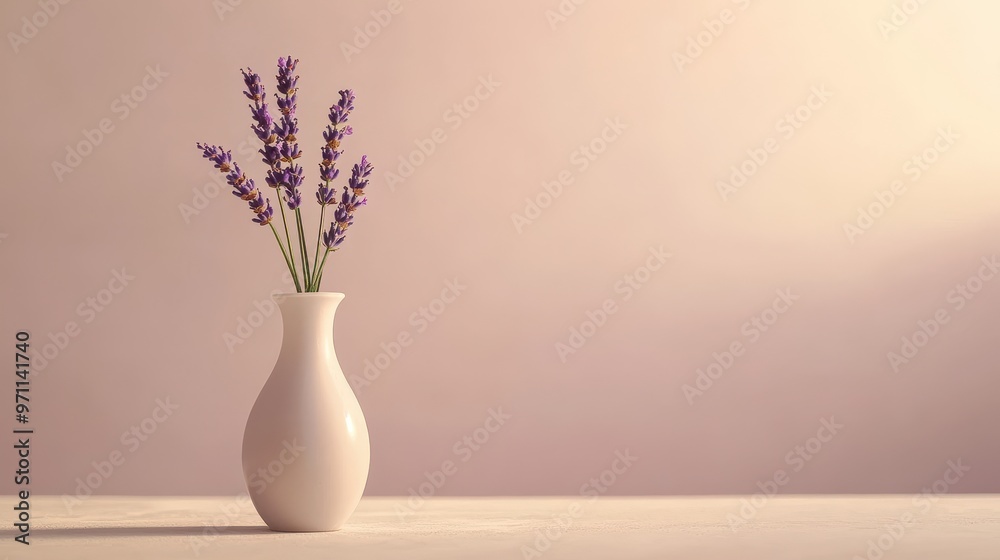 A simple white vase holding lavender flowers against a soft background. A simple white vase holding lavender flowers against a soft background.