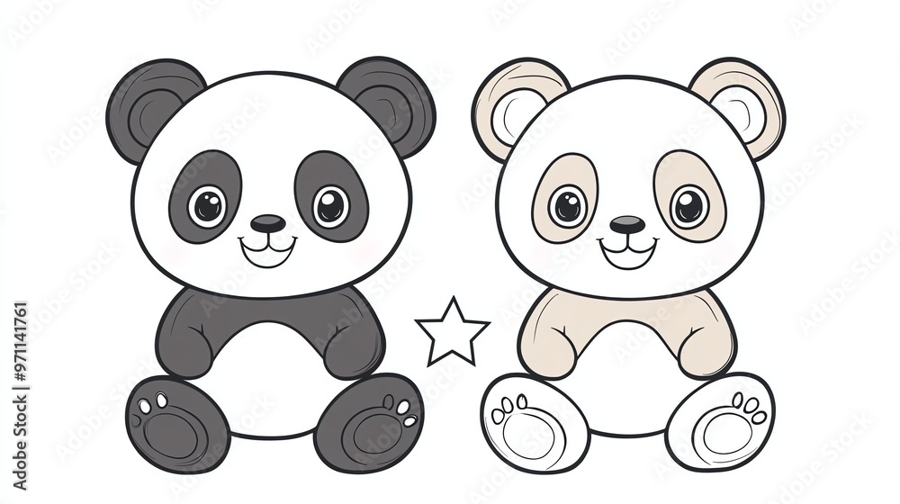Fototapeta premium A black and white line drawing of a panda, and a colored illustration of a panda.
