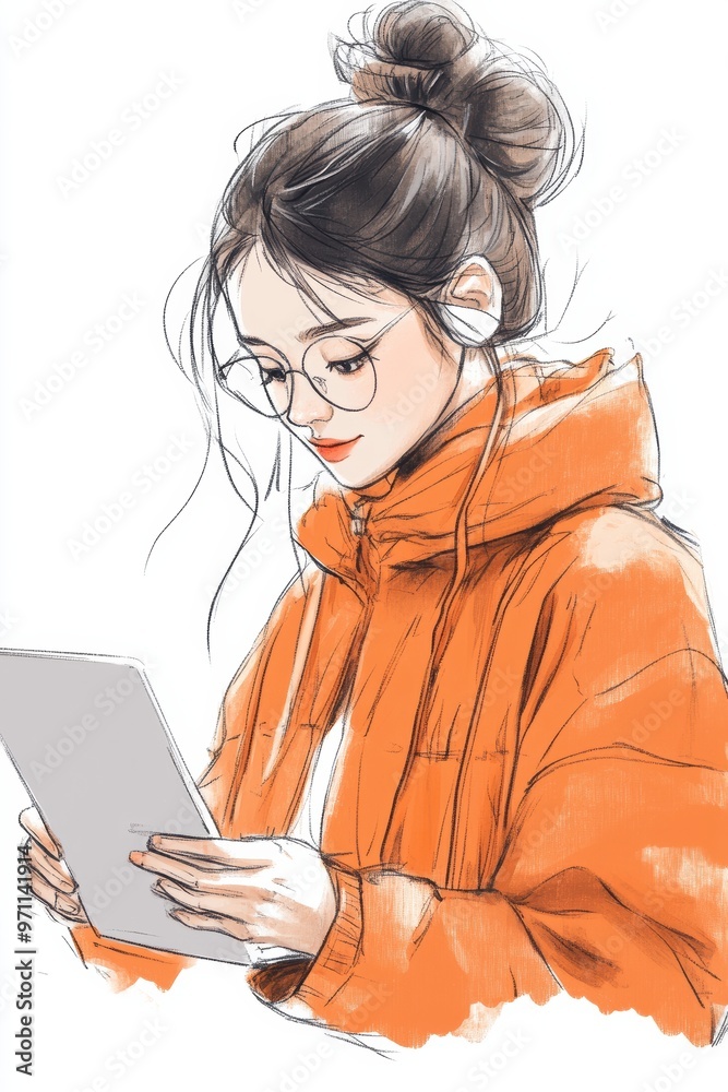 Stylish Woman Reading on Tablet in Orange Jacket Stylish Woman Reading on Tablet in Orange Jacket
