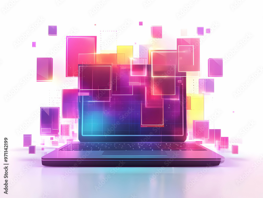 Flat Vector Illustration of Laptop on White Surface with Holographic Glowing Elements, Brightly Illuminated with Ample Copy Space for Smart Business Concepts Flat Vector Illustration of Laptop on White Surface with Holographic Glowing Elements, Brightly Illuminated with Ample Copy Space for Smart Business Concepts