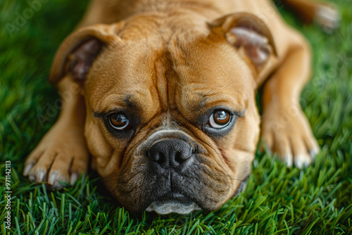 A brown dog is laying on the grass and looking at the camera