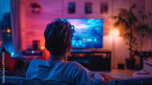 A person enjoying a cozy evening at home, watching a colorful display on a modern TV surrounded by warm ambient lights.