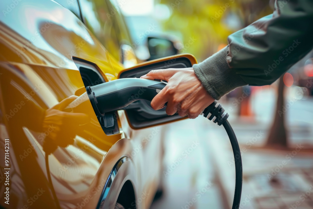 A person is filling up a yellow car with electricity A person is filling up a yellow car with electricity