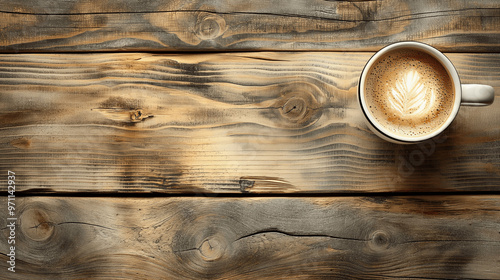 Cup of coffee with latte art on rustic wooden table. Banner with empty copy space