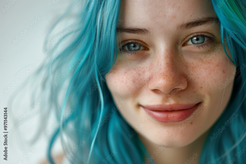 A woman with blue hair and blue eyes is smiling A woman with blue hair and blue eyes is smiling