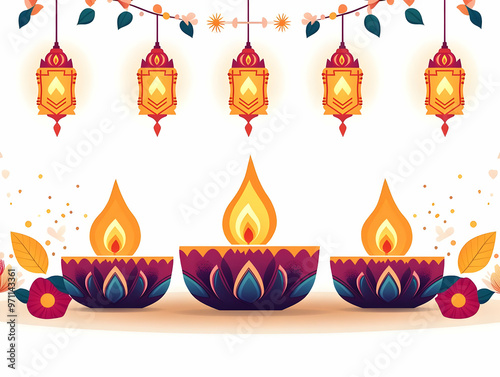 Vibrant Flat Diwali Lanterns & Floating Diyas Border Frame with Joyful Text Space � Perfect for Dynamic Celebrations