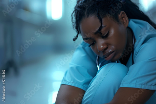 A woman in a blue scrubs is crying