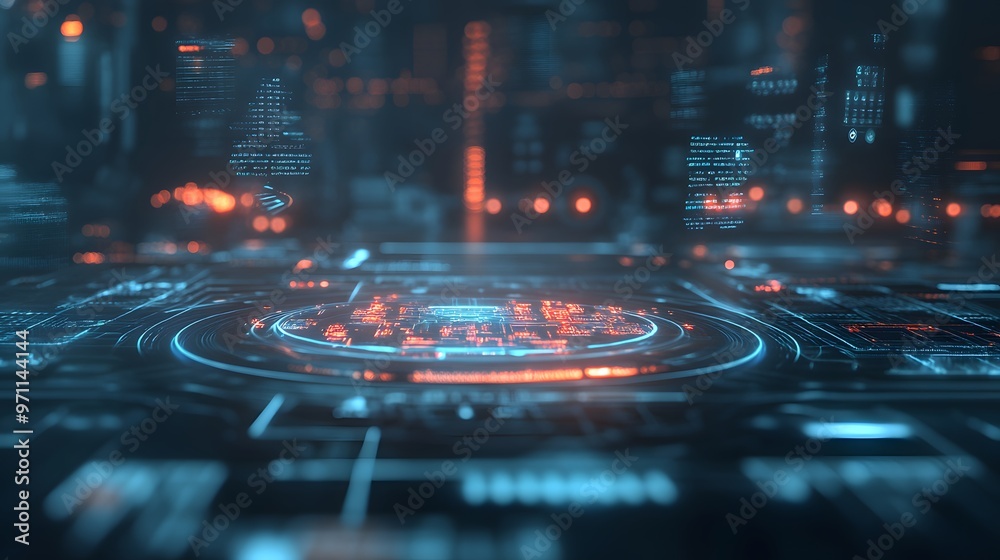 Digital holographic interfaces floating on a muted backdrop with subtle depth Digital holographic interfaces floating on a muted backdrop with subtle depth