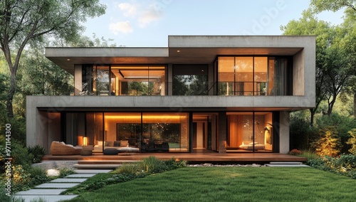 Modern two-story house with large glass windows, warm lighting, and a wooden deck, surrounded by greenery, creating a serene and inviting atmosphere. Created with AI.