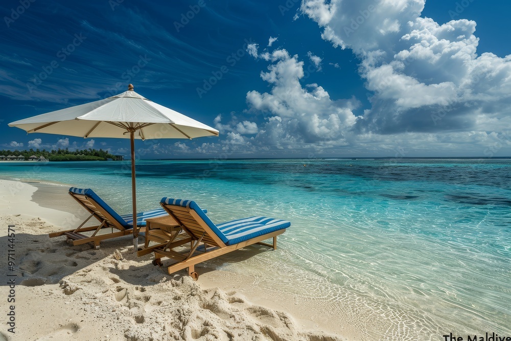 Fototapeta premium Chic Beach Scene with Blue and White Striped Chairs at The Maldives, Ocean View and Relaxing Atmosphere